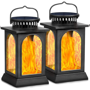 Flickering Flame Solar Lights Outdoor Metal Hanging Lantern, 2 Pack