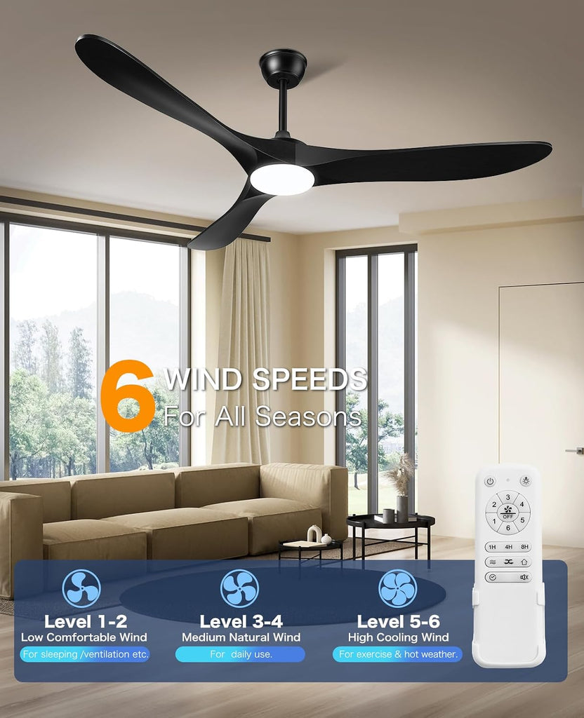Inspired Maverick Style Ceiling Fans with Lights and Remote, 3 Solid Wood Blades, Outdoor Wooden Ceiling Fan with 2 Downrods for Patios, 60 Inch Modern Ceiling Fan with Noiseless Reversible DC Motor (Black)