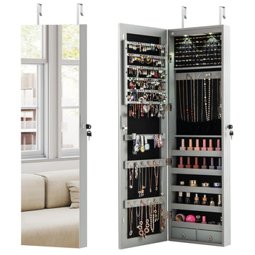 Wall Door Mounted Jewelry Armoire with 47.5" Full Length Mirror & 2 LED Lights, Large Storage Capacity, Lockable