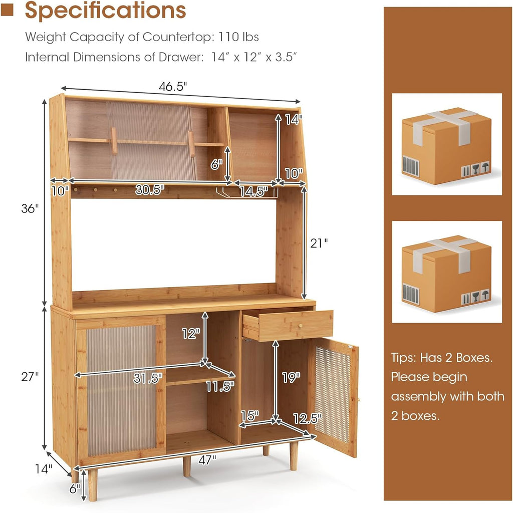 69" Kitchen Pantry Cabinet, Bamboo Hutch Storage Cabinet w/Storage