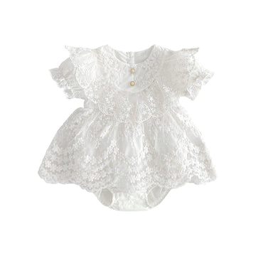 Baby Girl Vintage Romper Lace Embroidered Dress Long Sleeve Style for Newborn, Baptism Christening Outfit
