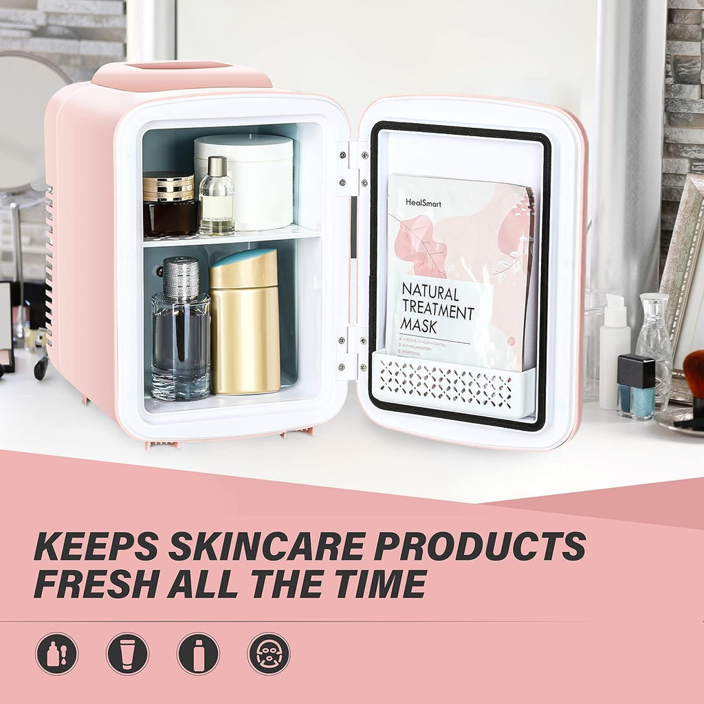 4L 6 Can Portable Mini Fridge, Cooler & Warmer Compact Refrigerators for Food, Drinks, SkinCare, Office Desk, Pink