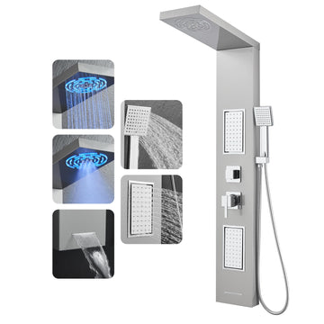 LED Shower Panel Tower System With Lights, 5 Shower Modes, Brushed
