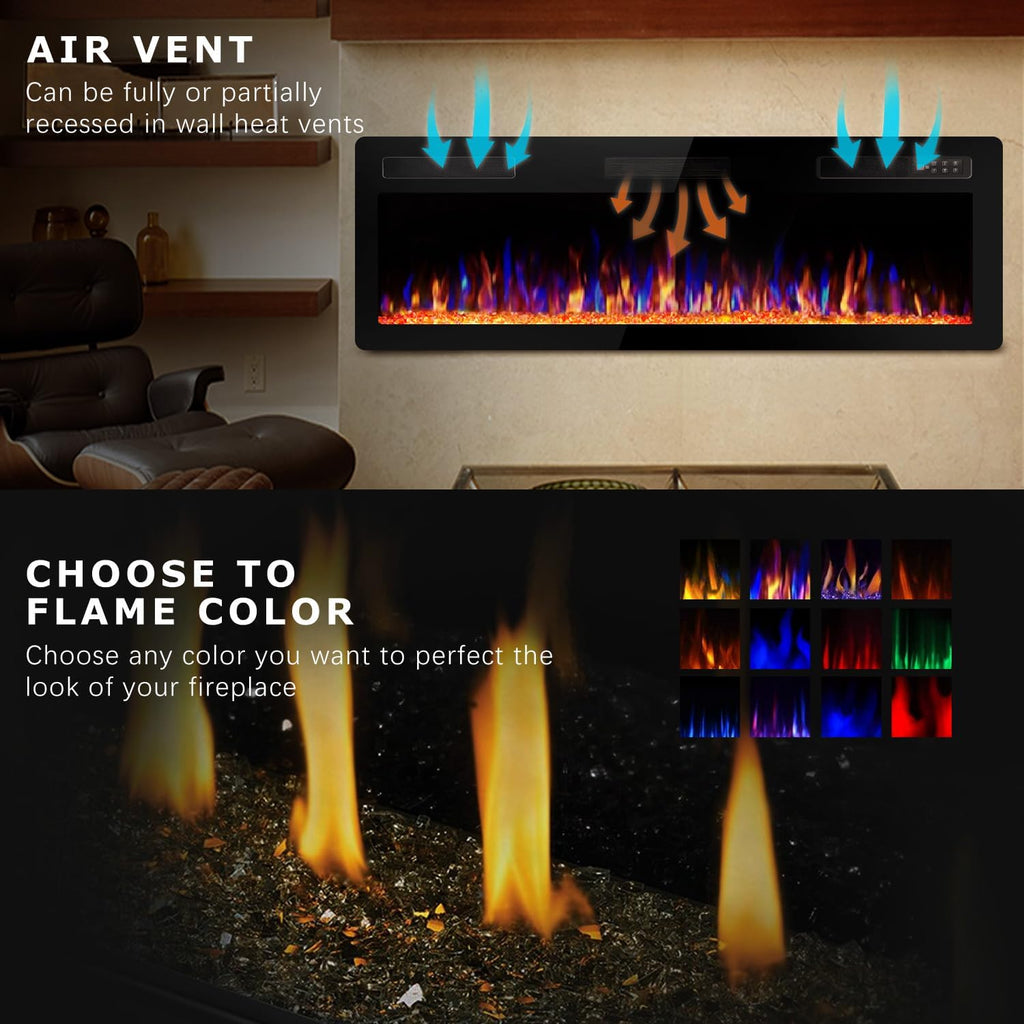 72 Inch Ultra Thin Electric Fireplace-Narrow Bezel Linear Fireplace Heater Recessed Wall Mounted