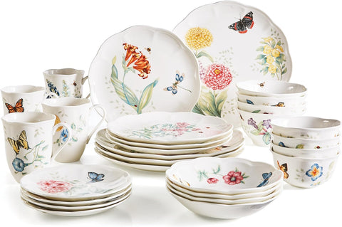 Dinnerware Set, Butterfly Meadow 28-Piece Set, Service For 4, Porcelain Plates With Scalloped Edges
