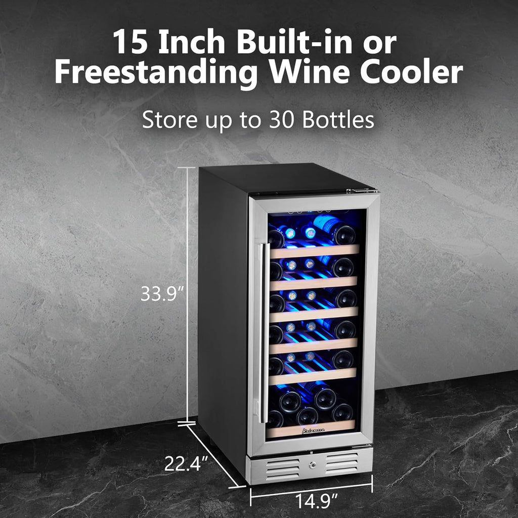 15 Inch Wine Cooler Refrigerator - 30 Bottle Under Counter Mini Fridge with Doub