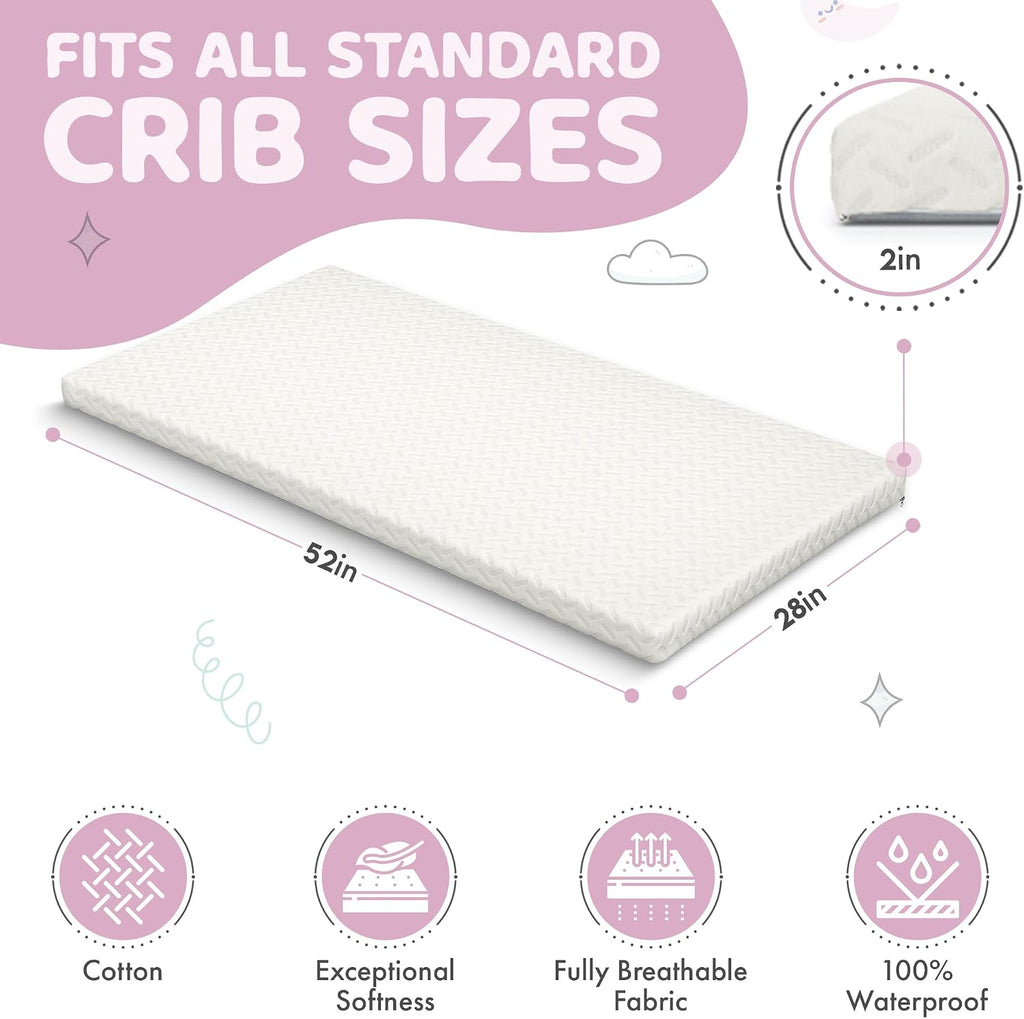 2" Crib Mattress Topper Memory Foam - Waterproof & Breathable Soft Cover | Fits Standard Size Cribs & Toddler Beds