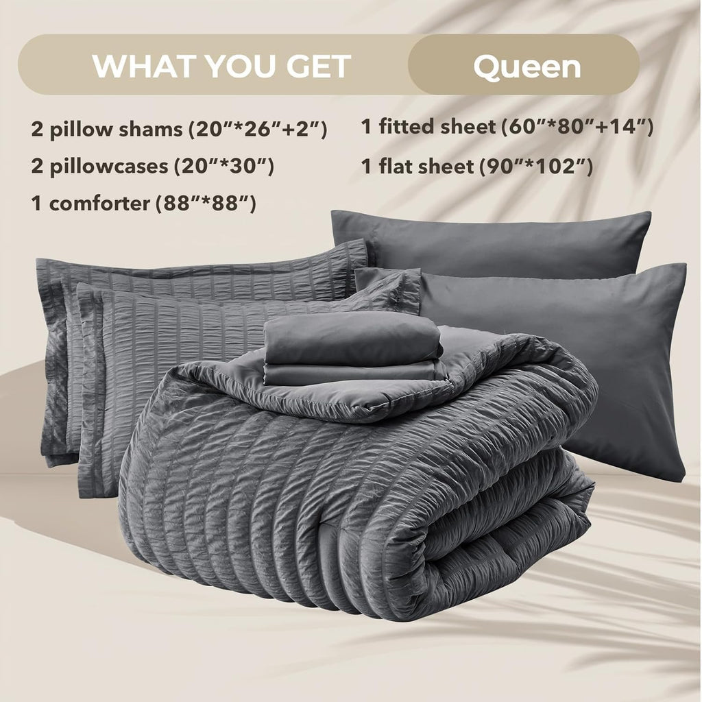Comforter Set Seersucker 7 Pieces, All Season Luxury Bed in a Bag, Bedding Set with Comforters, Sheets