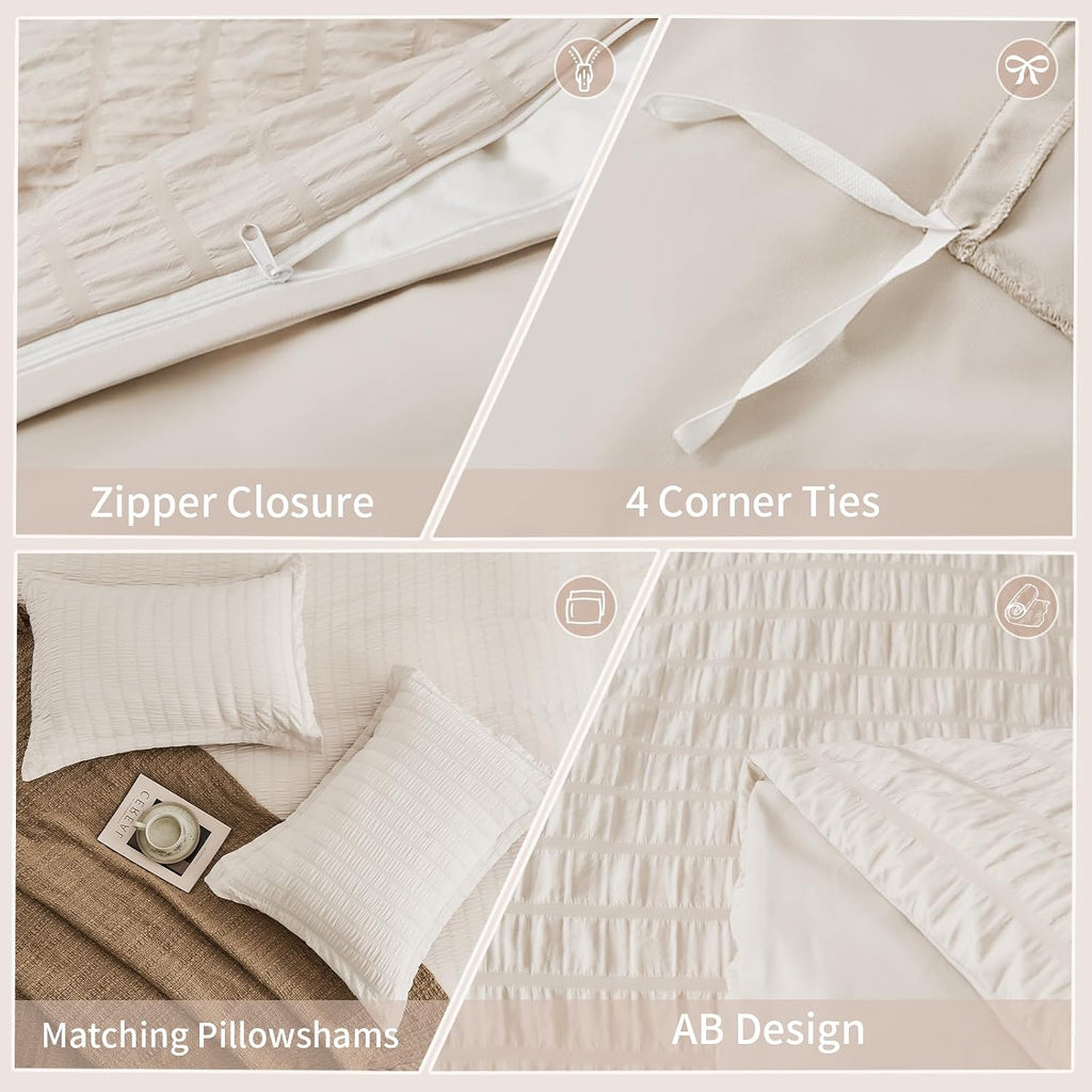 Beige Duvet Cover, Super Soft Seersucker Duvet Cover Set, 3-Piece Lightweight Duvet Cover with Zipper
