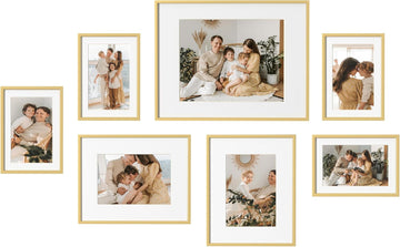 Aluminum Gallery Wall Frame Set of 7 with Glass Cover, Gold | Including 1Pc 11x14, 2Pcs 8x10, 4Pcs 5x7 Photo Frames