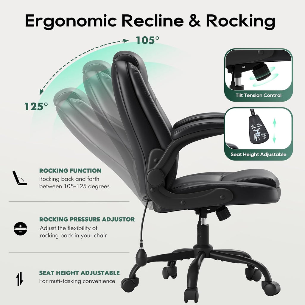 Leather, Computer Desk Chair with Adjustable Lumbar Support, Thick Cushion, Flip-Up Arms and Ergonomic Back, Comfy