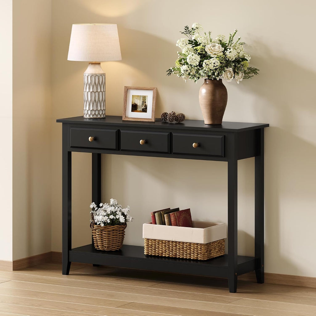 Console Table with 3 Drawers, Wood Entryway Table with Storage Shelf, Sofa Tables Narrow Long , Foyer, Black