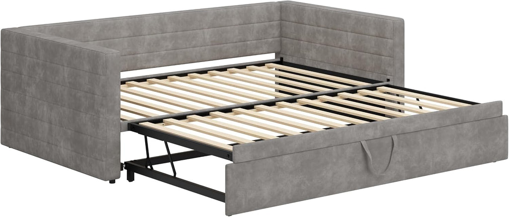 Twin to King Size Upholstered Daybed with Trundle | Space Saving Chenille Sofa Bed, Extended Pop Up Trundle, Metal