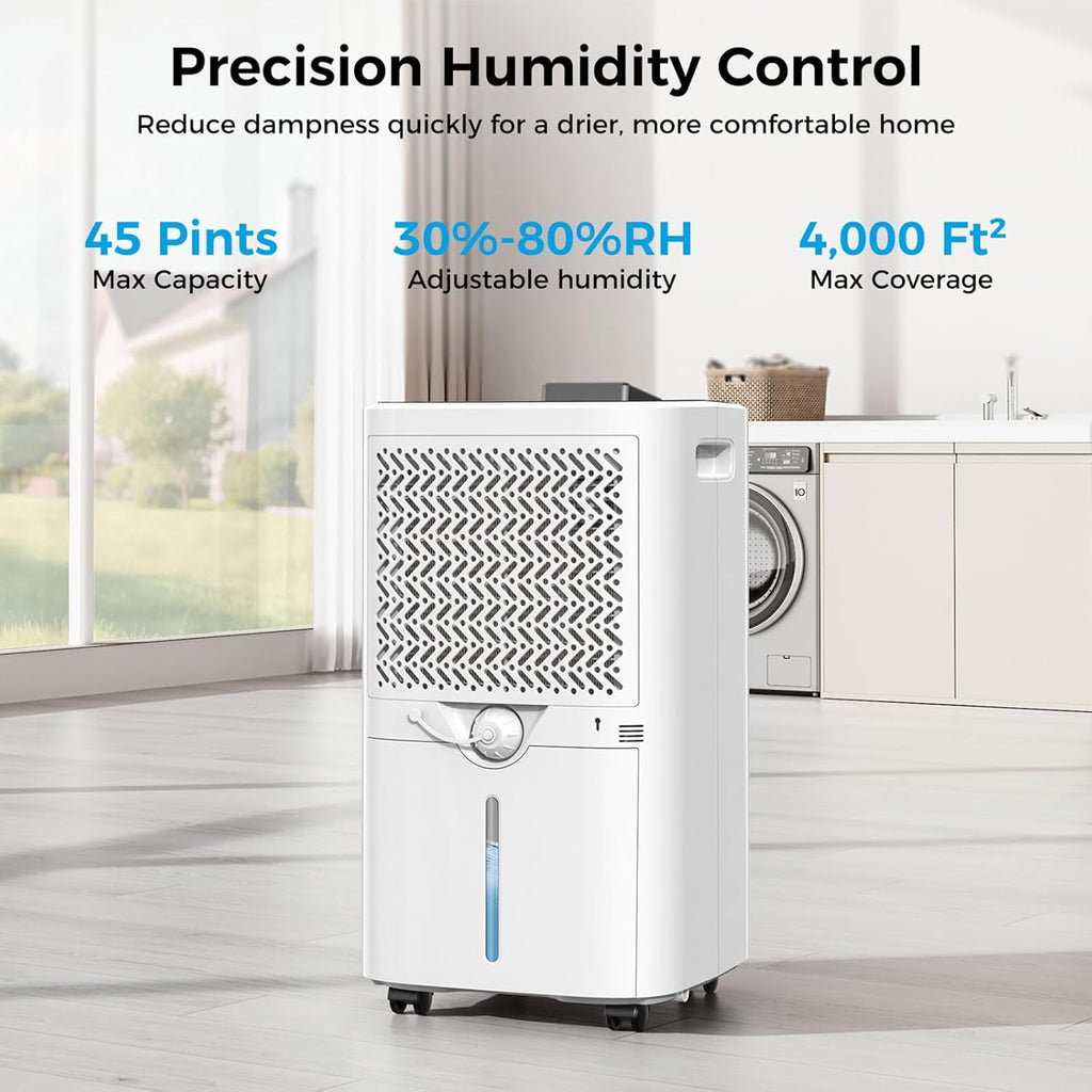 4,000 Sq.ft Dehumidifier for Basement, 45 Pint Dehumidifiers for Home with Drain Hose, Smart Humidity Control