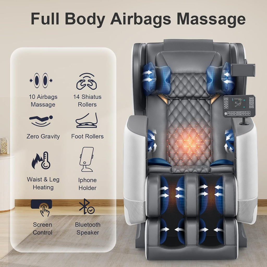 Massage Chair Full Body Zero Gravity Recliner, 2026 Classic Gray | 14 Shiatsu Rollers, 10 Airbags, 5 Auto Modes