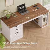 55.1" Farmhouse Office Desk with 3 Drawers, Executive Desk with File Drawer & Storage Shelves