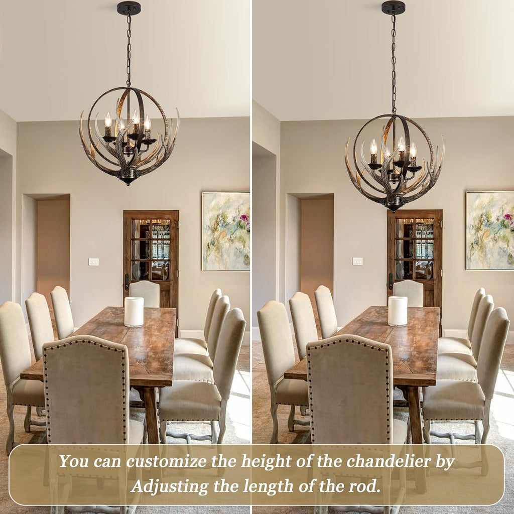 20" Retro Antler Chandelier, 4-Light Rustic Farmhouse Black Chandeliers Adjustable Height for Dining Room Kitchen