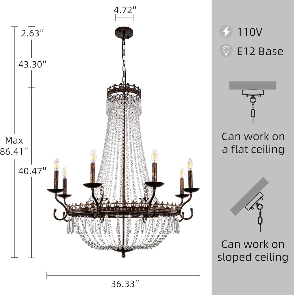 Crystal Chandeliers, Vintage French Empire Chandelier 8 Lights, Farmhouse Dining Room Light Fixture, Rustic High Ceiling Chandelier for Living Room, Foyer, Staircase, Bronze, 36.4" D x 40.5" H