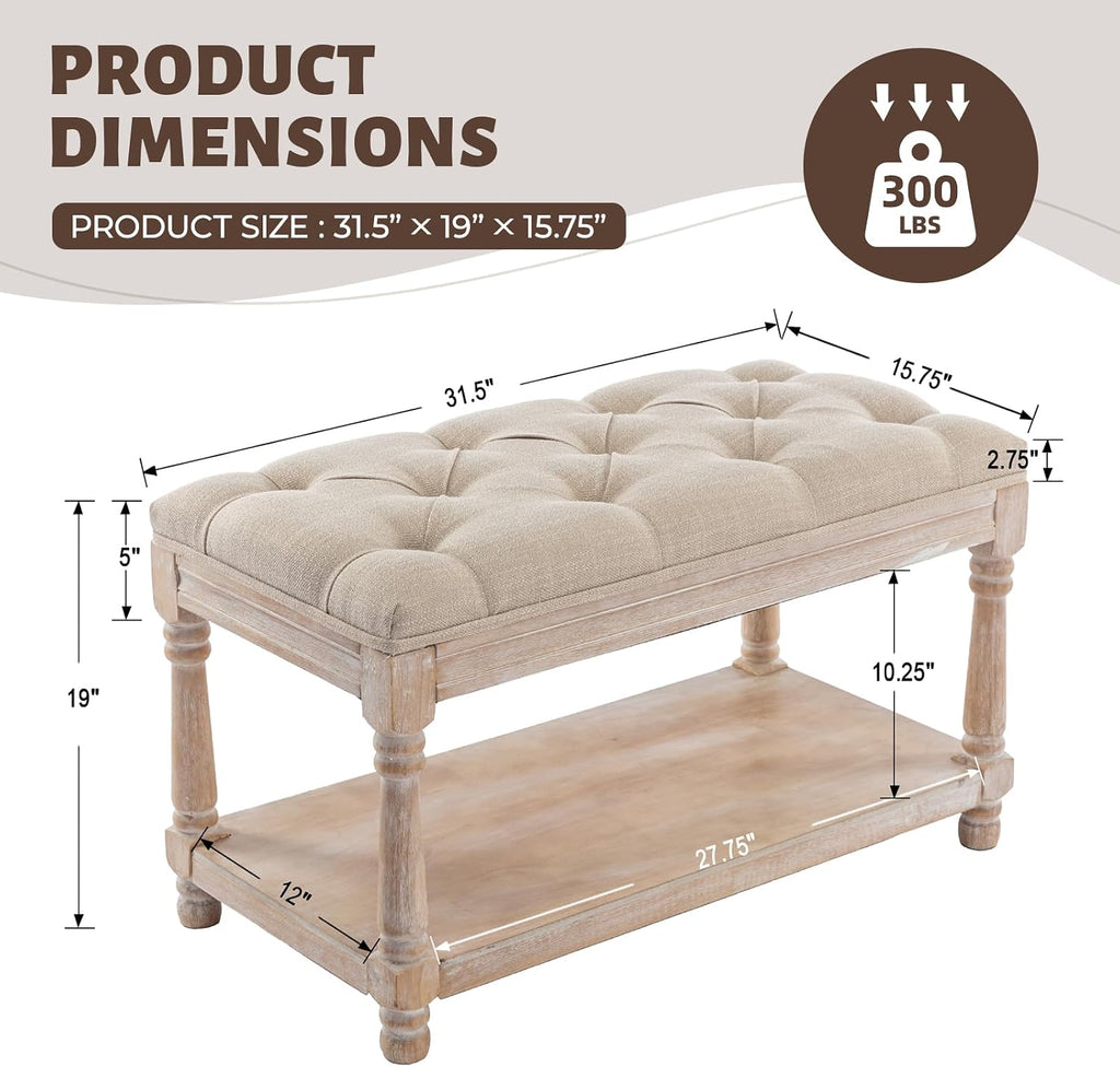 Storage Entryway Bench Tufted Shoe Rack Bench Wood Window Bench Entrance Bedroom Corner-1 Seat, Beige