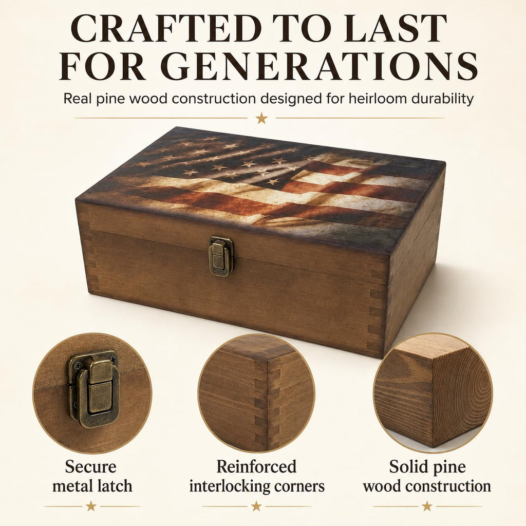 Rustic Flag Wooden Keepsake Box, Large Memory Box for Keepsakes, Decorative Storage Box for Memories, Jewelry, &