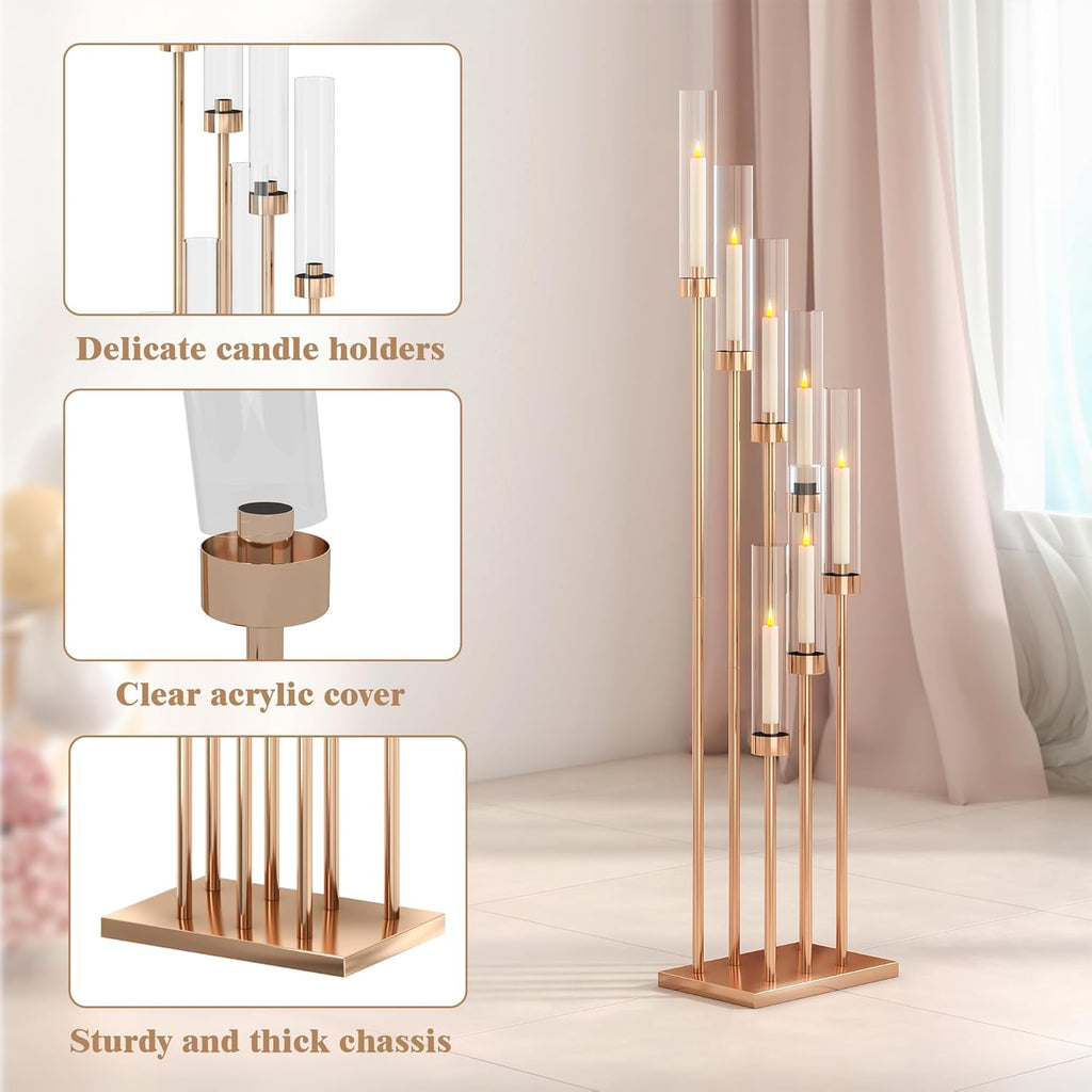 4 Pcs 46.5" Floor Candelabra 7 Arms - Gold Metal Candle Holder Stand with Acrylic Lampshades, Long Candle Sticks