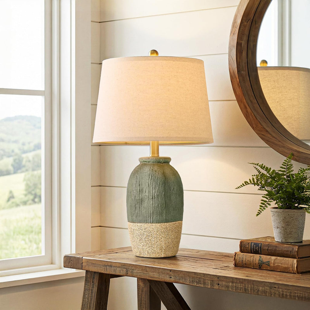 22.5" Green Ceramic Table Lamps, Boho Nightstand Lamp