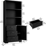 Bookshelf with Drawers, 71 in Tall Bookcase with Doors and 3-Tier Shelves, Entrance Hallway Home Office