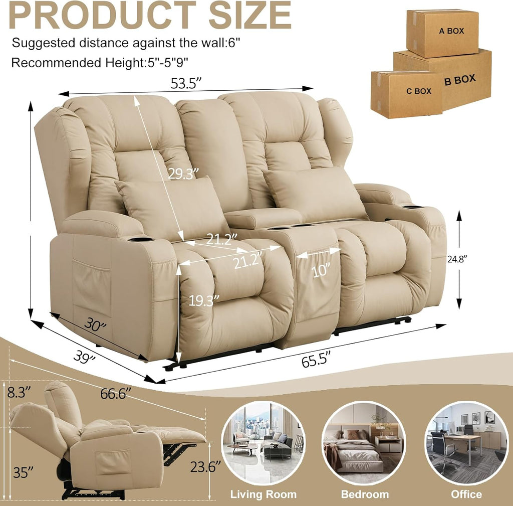 65.5" RV Loveseat Recliner Double Recliner RV Sofa & Console | Wall Hugger Loveseat Reclining RV | RV Theater