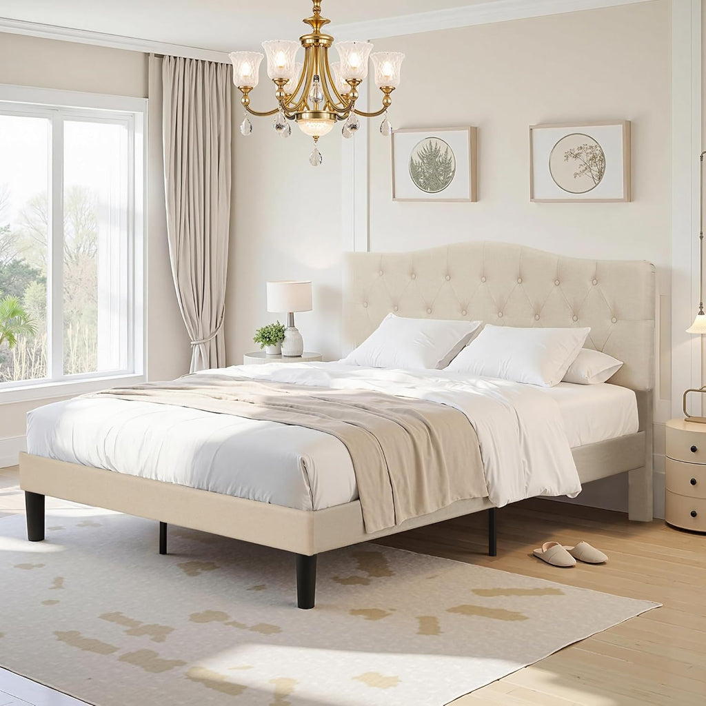 Queen Platform Bed Frame with Fabric Upholstered Headboard and Wooden Slats Support