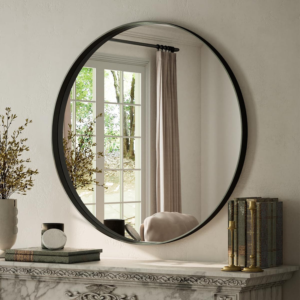 48" Round Bathroom Mirror, Large Black Circle Wall Mounted Mirror