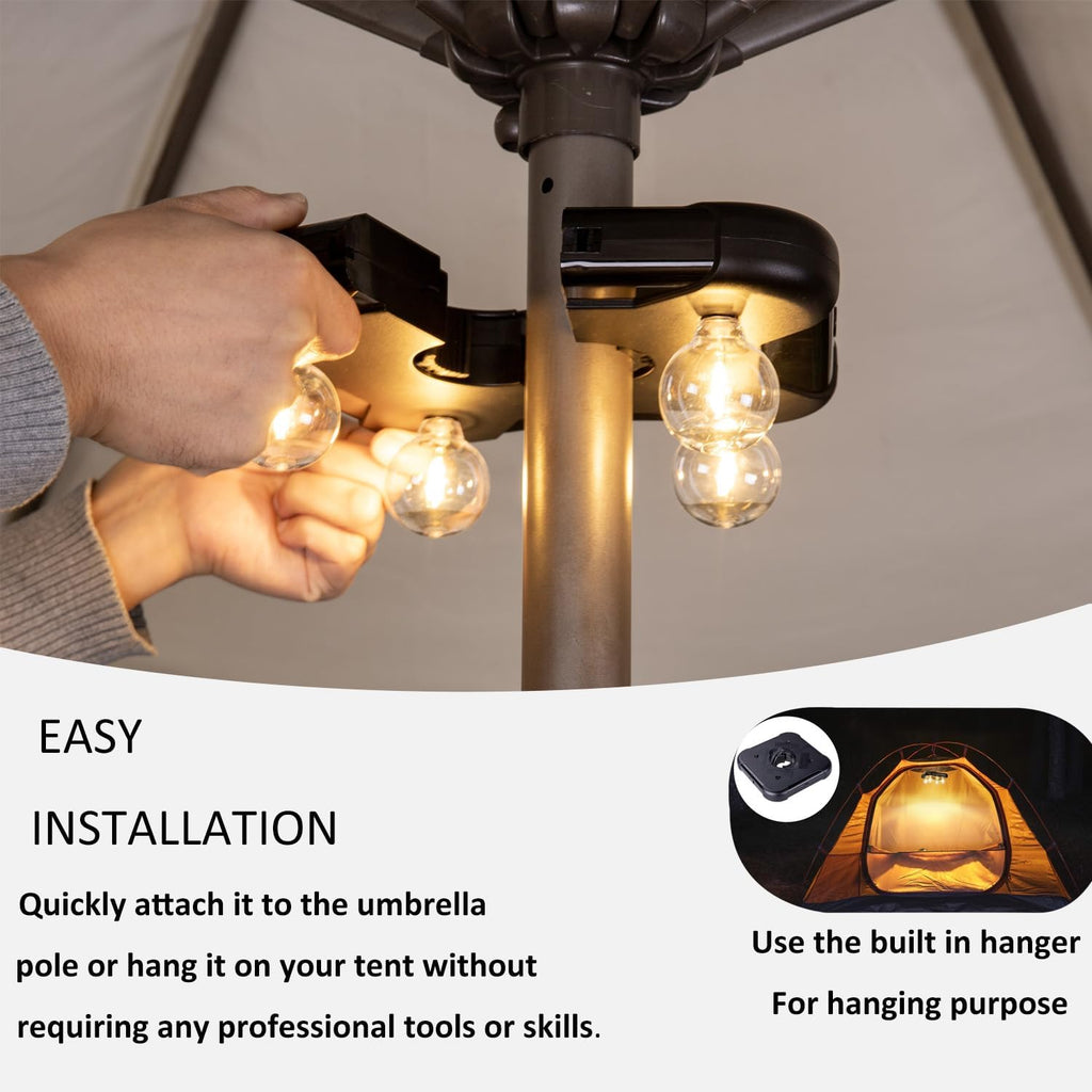 Battery Operated Patio LED Umbrella Light with G40 Bulbs, 3 Brightness Cordless Umbrella Pole Lights Tents