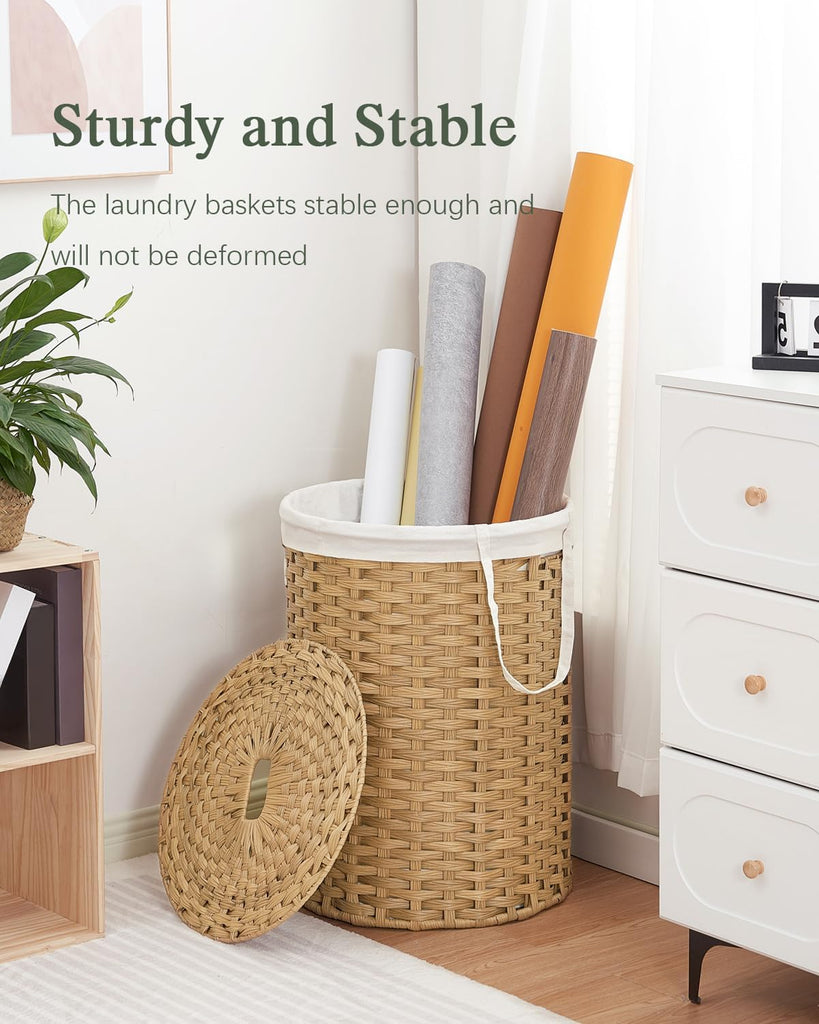Laundry Basket with Lid Round 29.1 Gal PE Rattan, Natural | Family Clothes & Blanket Trunk with Lid, Removable Liner