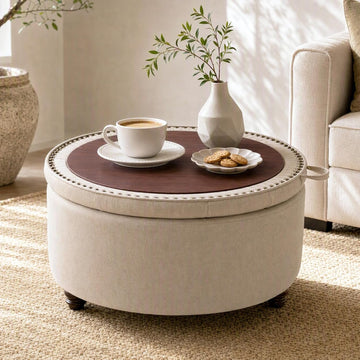 30" Round Storage Ottoman Coffee Table, Tufted Lid & Wood Top, Khaki | Nailhead Trim Solid Wood Legs Extra Large