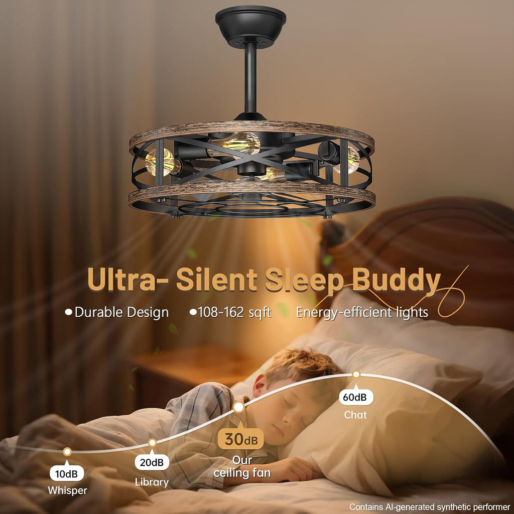 20in Caged Ceiling Fan with Lights, Low Profile Ceiling Fan