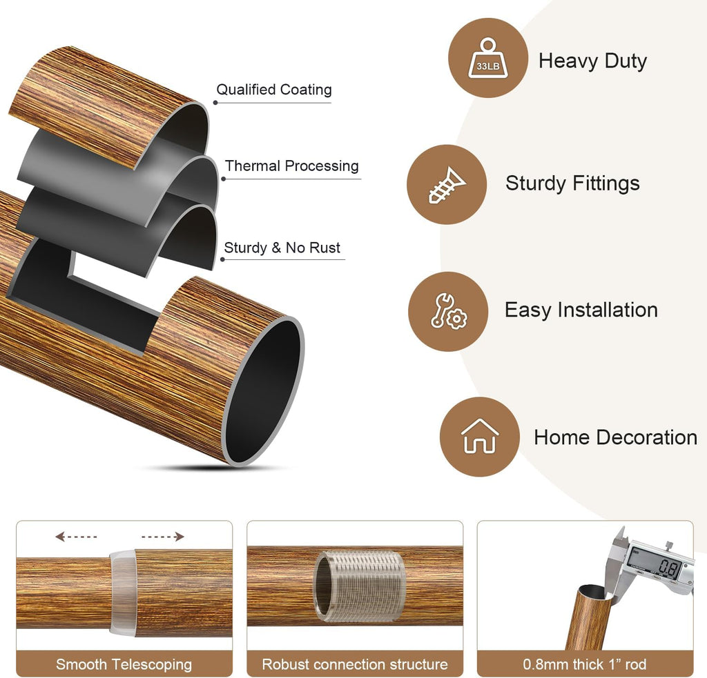 Wood Curtain Rods for Windows 1" Diameter Boho Decorative Heavy Duty Long Window Curtain Rod