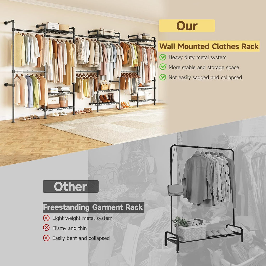 H6 Wall Mounted Closet System, Industrial Pipe Clothes Rack Clothing Racks with 6 Telescopic Rods & 3 Fixing Rods & 9