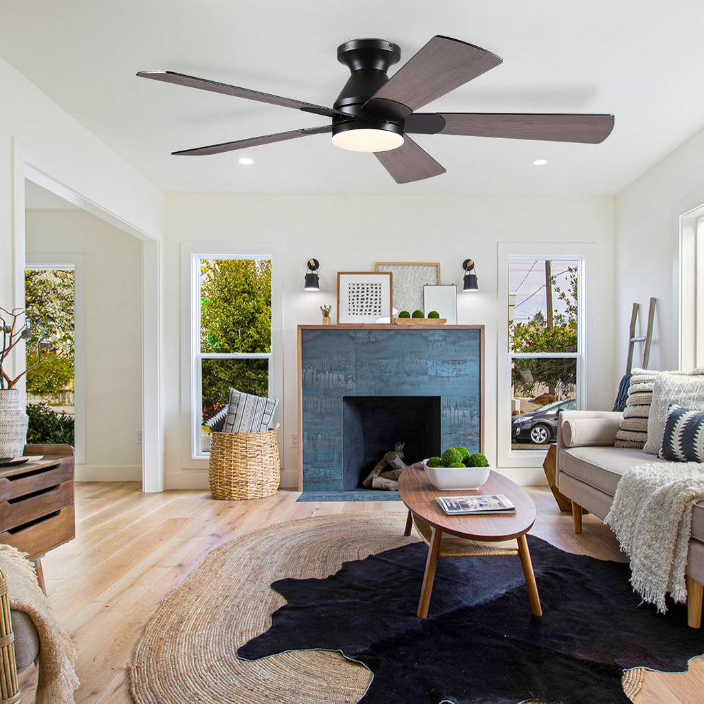 Flush Mount Ceiling Fan with Lights - 52” Indoor/Outdoor Ceiling Fan Light with Remote/APP, Low Profile Modern Fan Light with 6 Speeds, Dimming, for Living Room, Brown