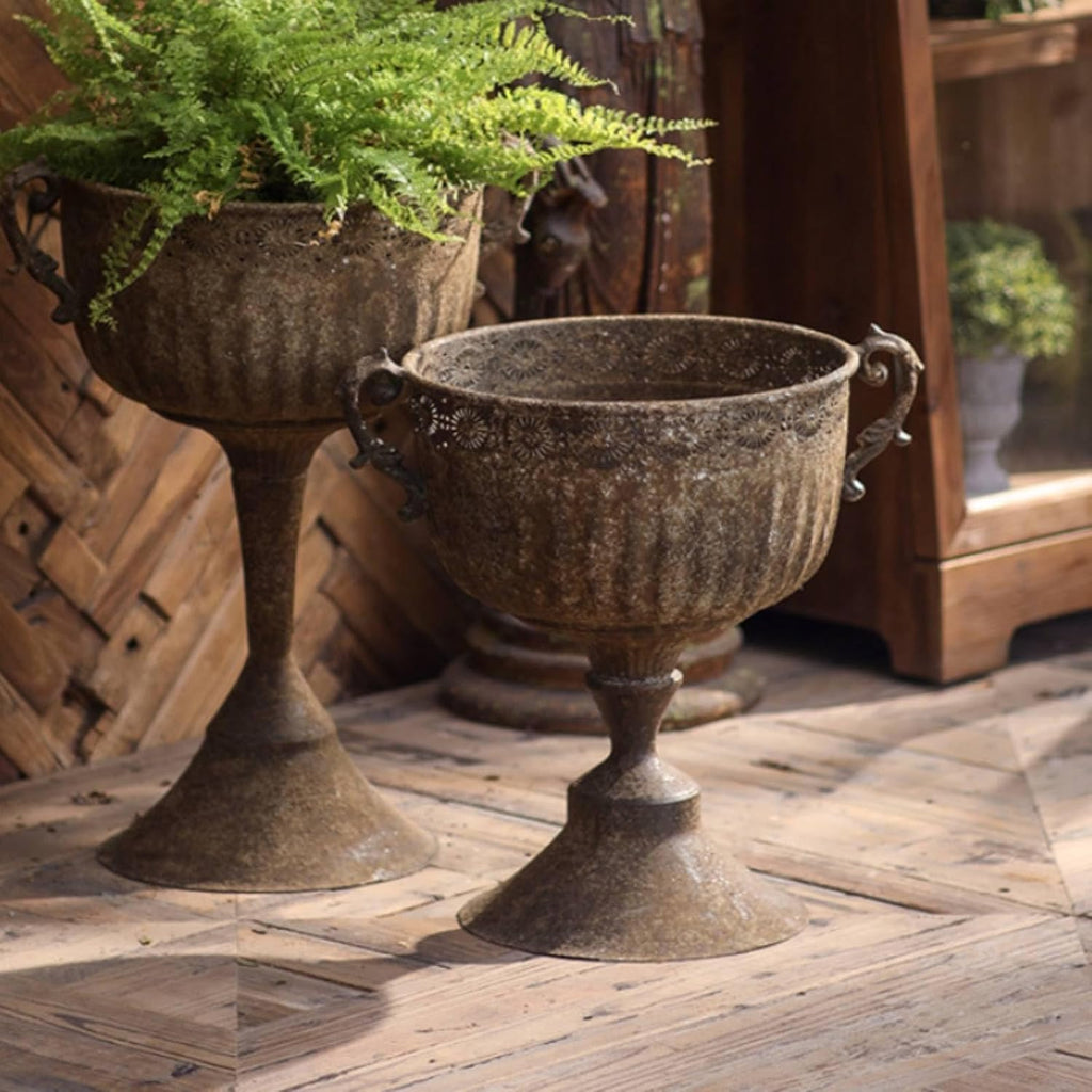 Outdoor Trophy Vase Antique Pedestal Planter Urn Flower Pot with Textured Stone Finish Iron Construction Stable