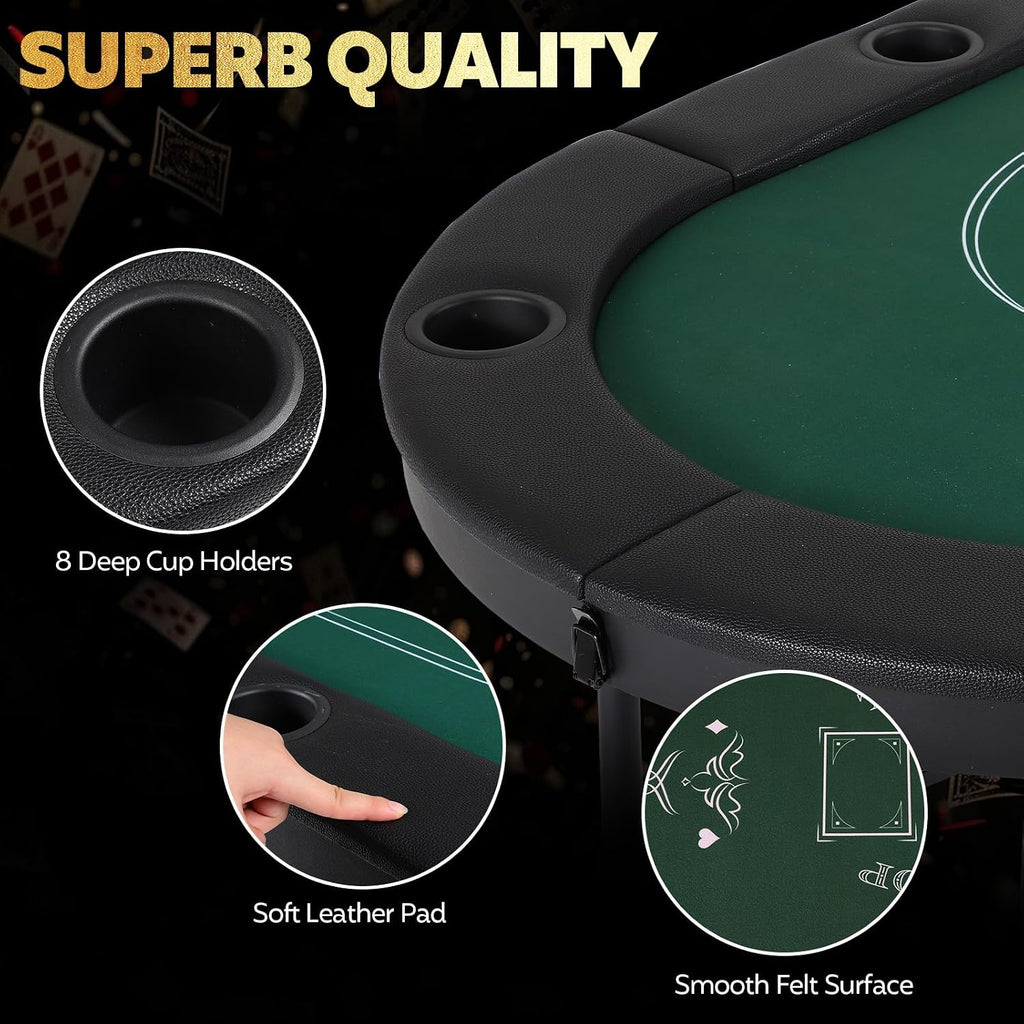72" Portable Poker Table, Folding Poker Table, 8 Player Texas Holdem Blackjack Table with 8 Cup Holders, Padded