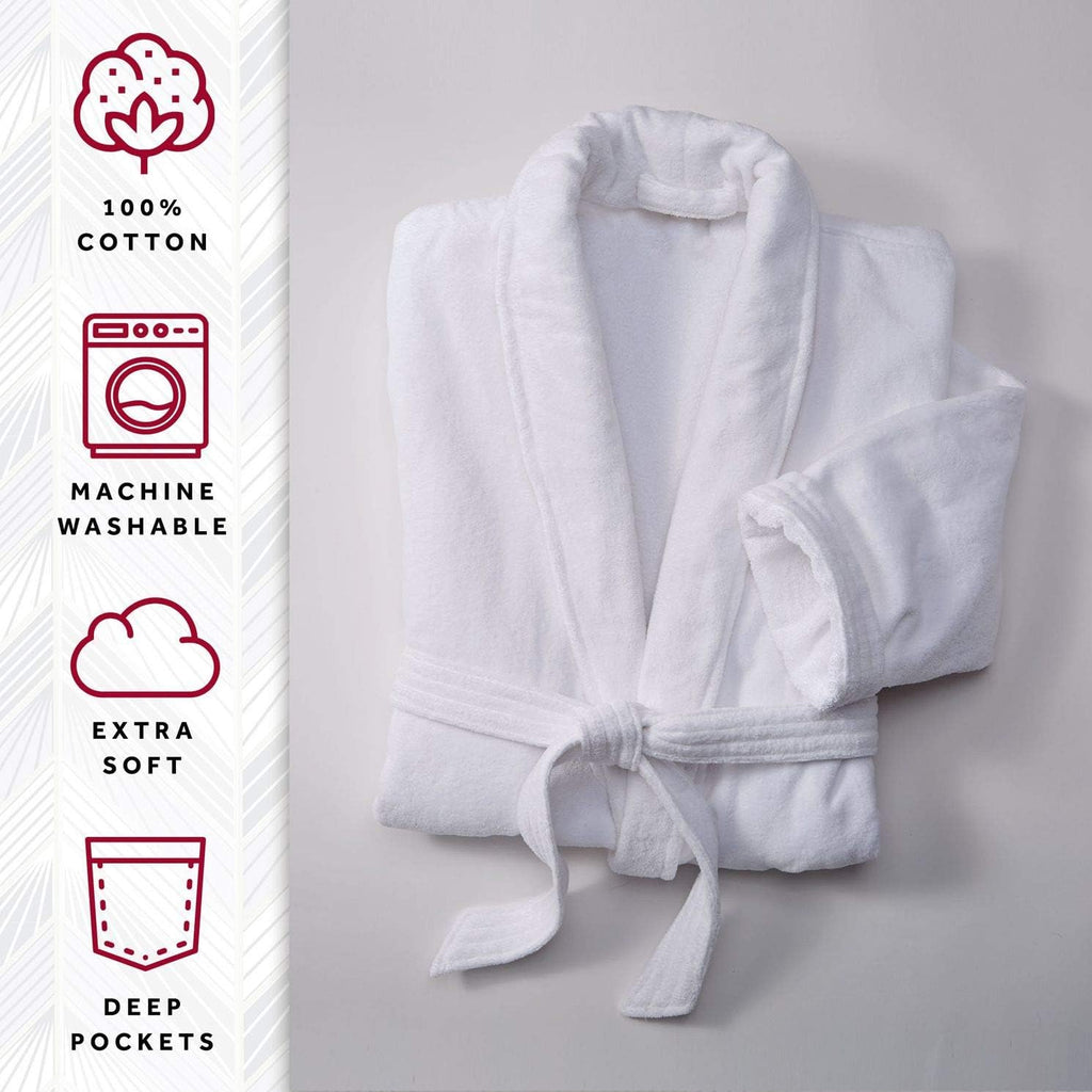 Terry Velour Bathrobe - Luxury 100% Cotton Hotel Spa Robe - Plush, Absorbent, Machine Washable - Shawl Collar, One