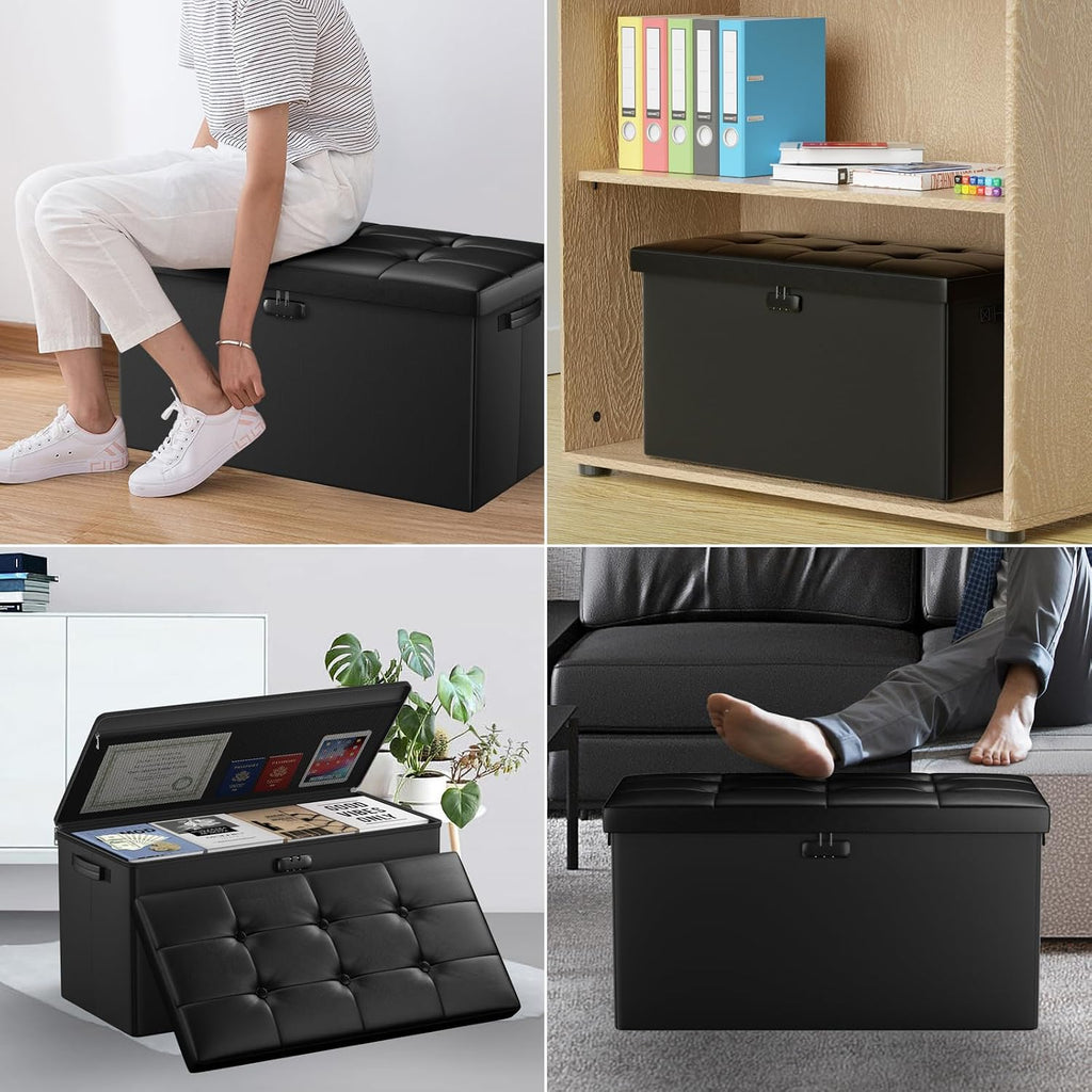 Storage Ottoman Bench with Lock,Fireproof 30 Inches Folding Bench Foot Rest Stool Storage Chest Safe ,Waterproof