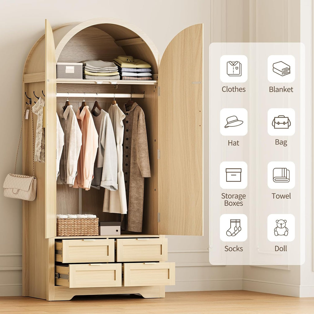 Armoire Wardrobe Closet with 4 Drawers - Wood Bedroom Armoires and Wardrobes with Rattan Doors for Hanging Clothes