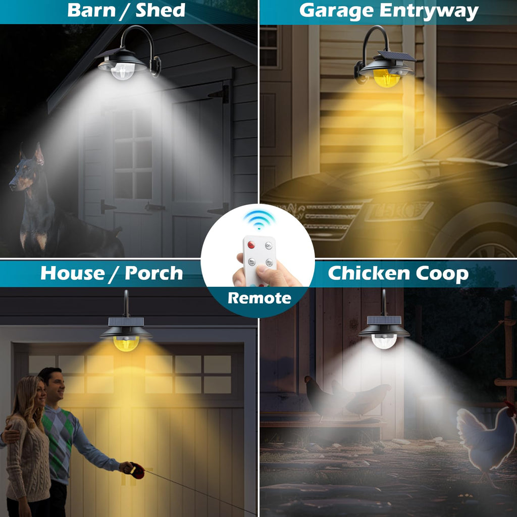 Solar Barn Light Outdoor 3 Modes 2 Lighting Remote 2 Pack Black
