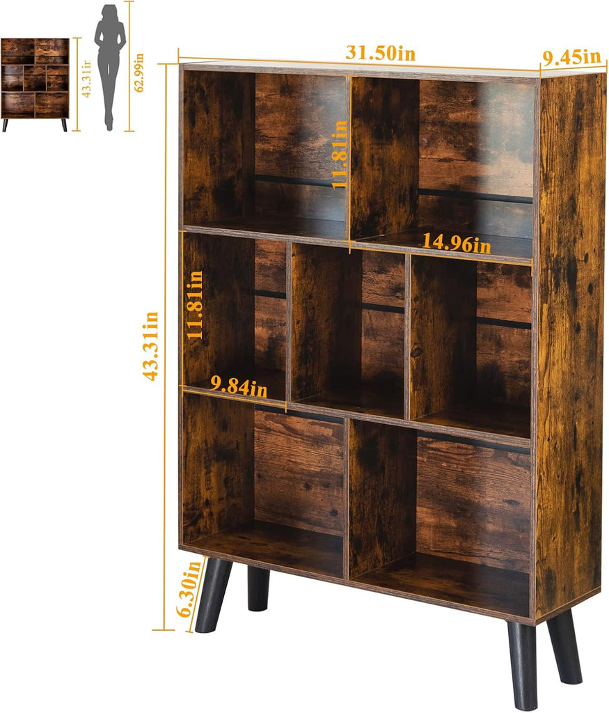 Cube Bookshelf 3 Tier Mid-Century Rustic Brown Modern Bookcase with Legs,Retro Wood Bookshelves Storage Organizer