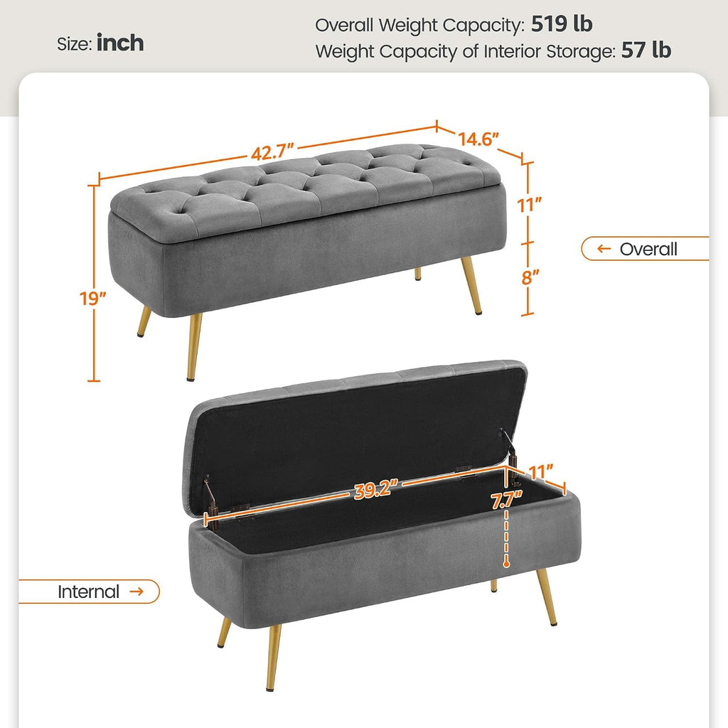 43in Velvet Storage Ottoman Bench End of Bed, Gray | Button-Tufted Ottoman Bench with 1.9C Storage Space, Tapered