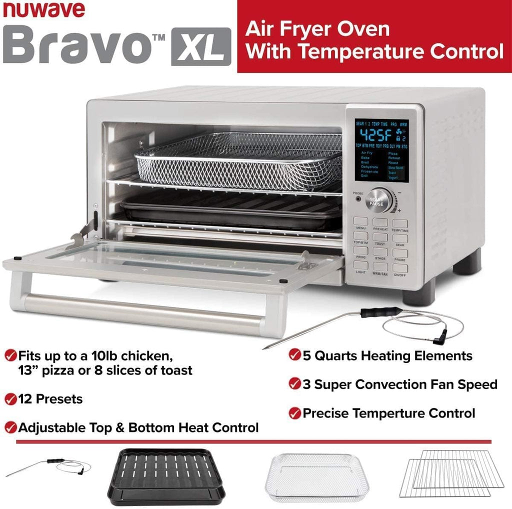Bravo Air Fryer Toaster Smart Oven, 12-in-1 Countertop Convection, 30-QT XL Capacity, 50°-500°F Controls, Top and Bottom Heater Adjustments 0%-100%, Brushed Stainless Steel Look (Renewed)
