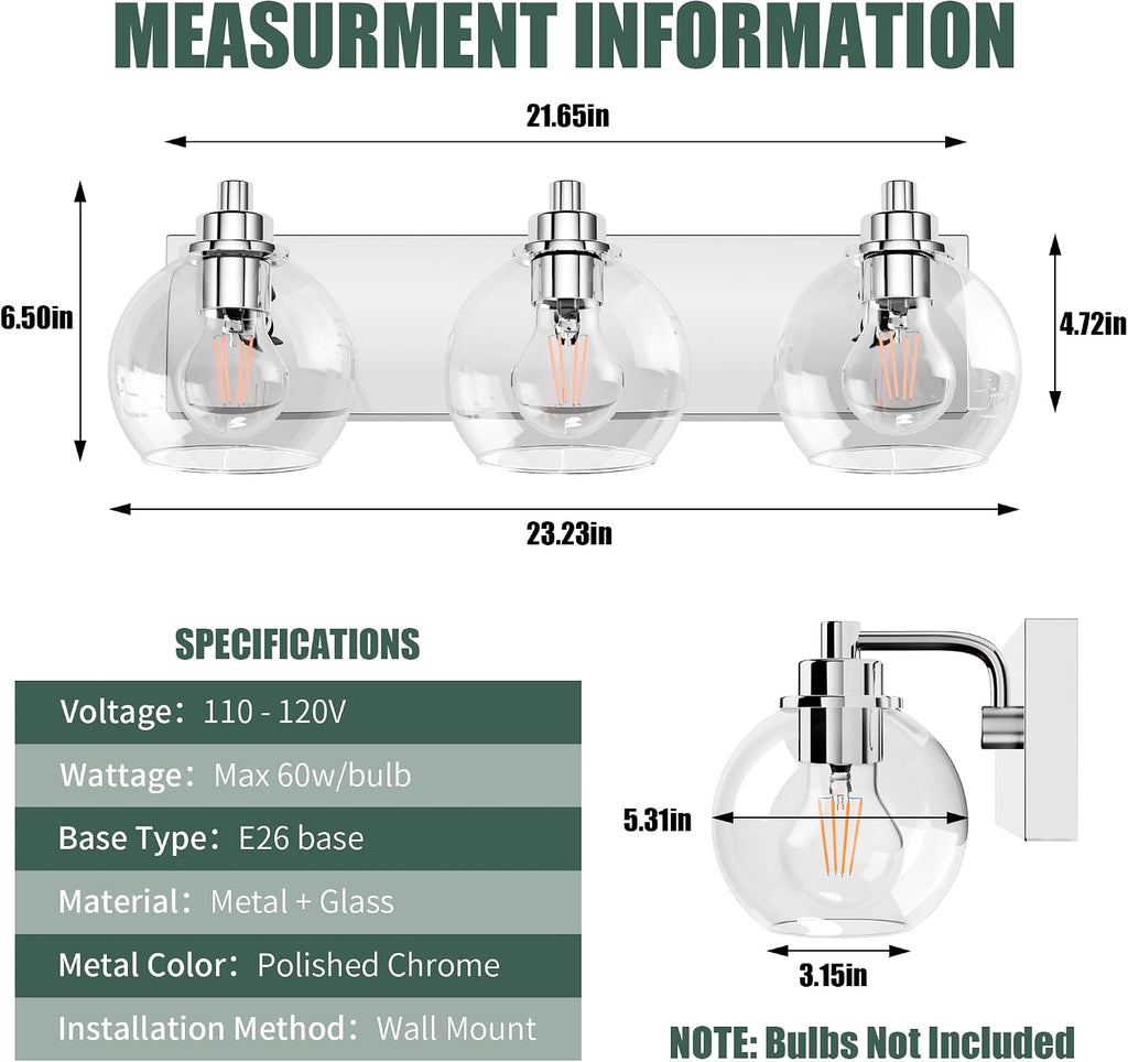 3 Light Bathroom Light Fixtures-Chrome Bathroom Vanity Lights, Modern Vanity Lights 3-Light Bathroom Lighting