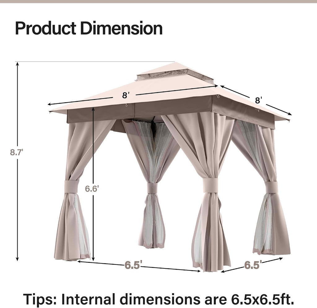 Patio Gazebo 8'x8', Outdoor Heavy Duty Party Tent Shelter with Double Roofs, Mosquito Nettings and Privacy Screens Khaki