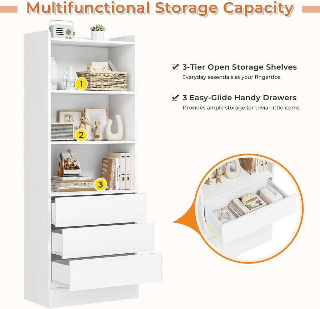 73.23'' Tall Storage Cabinet Bookcase with 3 Drawers and 3-Tier Open Shelves Wooden Bookshelf Kitchen Pantry Storage