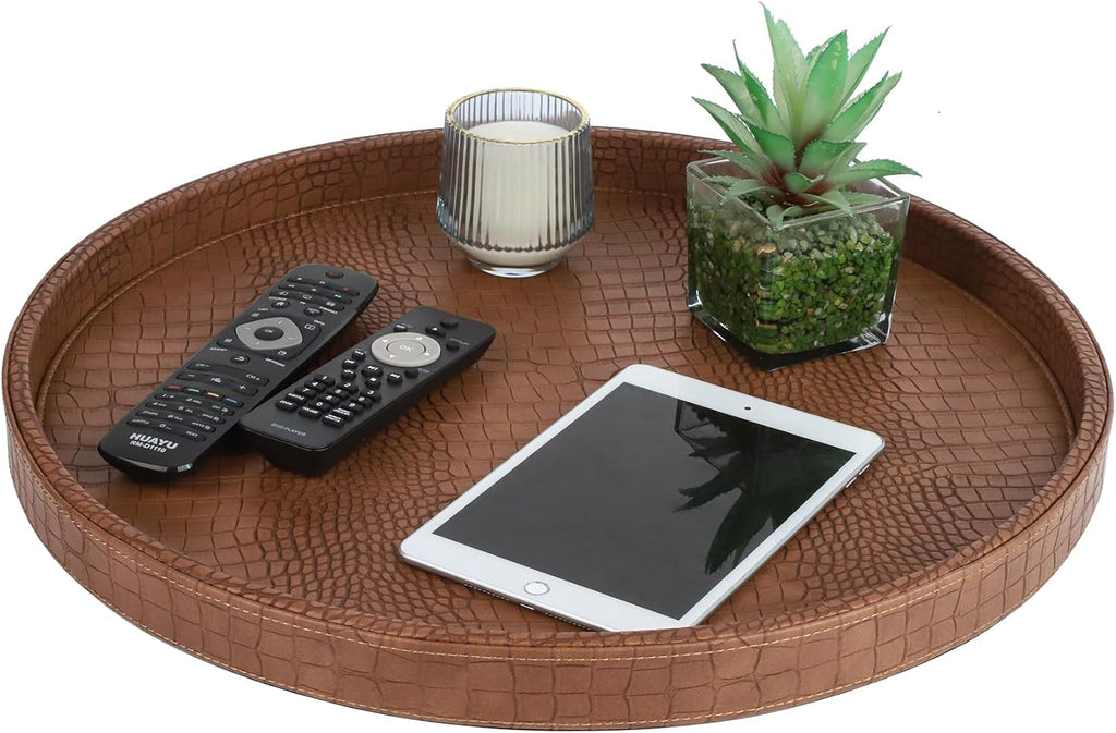Round Serving Tray 20'', Elegant Faux Leather Circle Ottoman Table Tray, Serve Tea Coffee Breakfast Living Room
